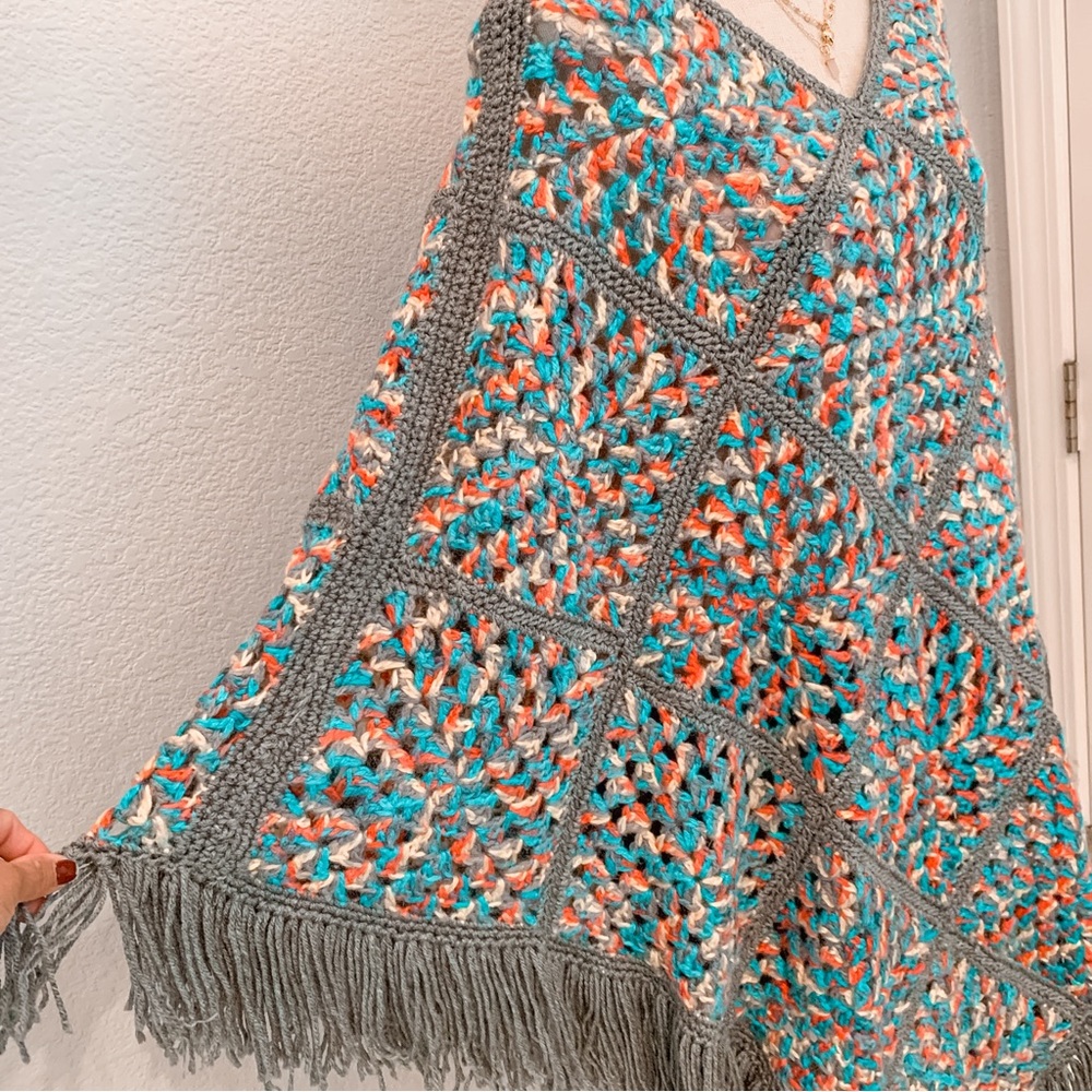 Granny Square Crochet Handmade Knit Shawl Cape Poncho Boho Festival Hippie OSFM